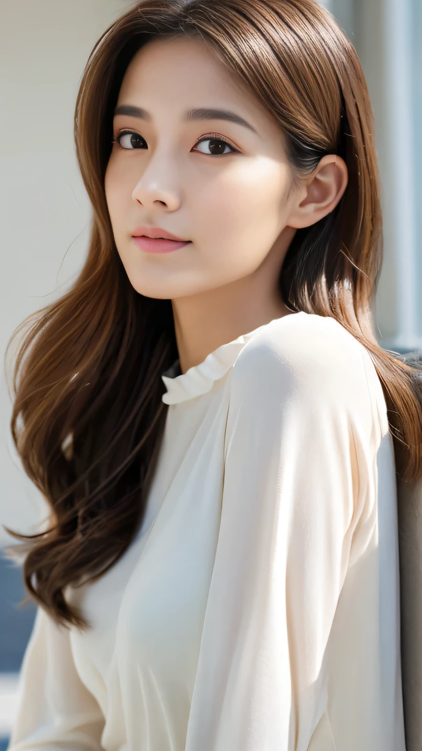 "28-year-old Japanese woman、Music Teacher、Creates realistic images of people looking straight ahead. She has clear, smooth skin, With an even and healthy tone, No defects. Your hair is long, Brown and wavy, Falls gently on your shoulders. Her eyes are light brown, Large and expressive, Have long eyelashes and well-defined eyebrows. She has an oval face, Rosy cheeks and plump lips、A faint smile. She is wearing a simple, elegant long-sleeved blouse., With light, Natural Makeup, Accentuate your natural beauty. Image has a neutral background, Preferably in bright colors, Accentuate your facial features. The lighting is soft and even, No harsh shadows, Enhance skin texture and facial details."