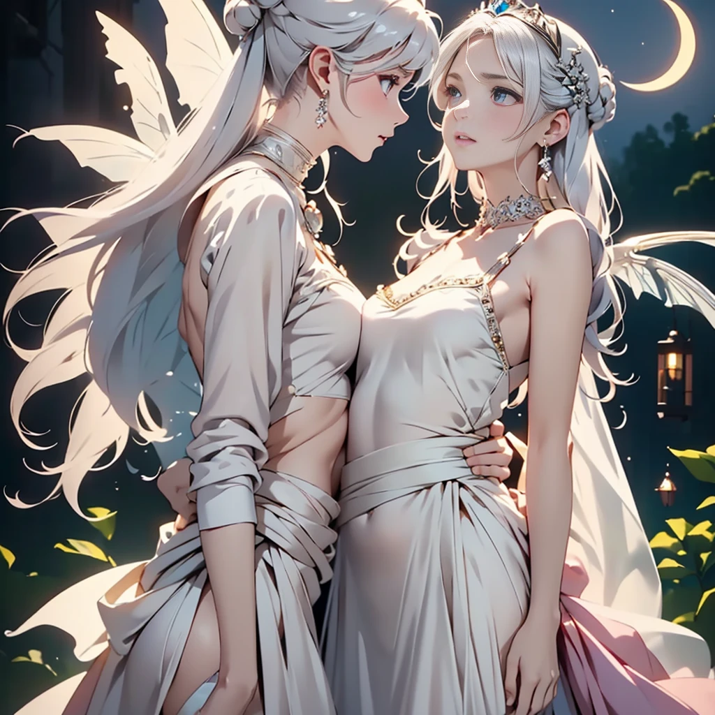 (Top Quality, Masterpiece, Highly Detailed, Highly Detailed, Exquisite, 16k, Full HD), A Little Closer, Golden Ratio, Dramatic Lighting, Pastel Colors, Silhouette, Soft Lighting, ((From the Side, Alone: 1.5)),((standing, reaching for the sky:1.2)),((moonlit night, crescent moon, beautiful moon)), starry sky, meteor shower, meteor, (fairy princess, purple eyes, long Eyelashes, white skin, slim, pale pink plump lips, pale pink cheeks, wind blowing, white fluffy hair, thin and long, (thin and high nose, small nose), (right below the waist) Huge fairy wings sprout from the top.), Silver decorations, Diamond tiara, Diamond earrings, Diamond earrings, Diamond choker, (Silver ball gown dress: 1.1), Silver lace and frills, (Fantasy , romantic atmosphere)
