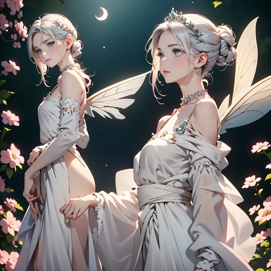 (Top Quality, Masterpiece, Highly Detailed, Highly Detailed, Exquisite, 16k, Full HD), A Little Closer, Golden Ratio, Dramatic Lighting, Pastel Colors, Silhouette, Soft Lighting, ((From the Side, Alone: 1.5)),((standing, reaching for the sky:1.2)),((moonlit night, crescent moon, beautiful moon)), starry sky, meteor shower, meteor, (fairy princess, purple eyes, long Eyelashes, white skin, slim, pale pink plump lips, pale pink cheeks, wind blowing, white fluffy hair, thin and long, (thin and high nose, small nose), (right below the waist) Huge fairy wings sprout from the top.), Silver decorations, Diamond tiara, Diamond earrings, Diamond earrings, Diamond choker, (Silver ball gown dress: 1.1), Silver lace and frills, (Fantasy , romantic atmosphere)