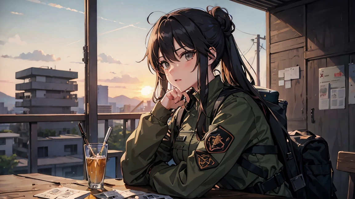 Tacticool, Soldier Girl, Watching the sunset, full Soldier Girl, Large backpack, Rifle, chest plate, Hannah Ou, perfect face, Cinematic images, Movie Quality, japanese cartoon movies, long hair bun, perfect lips, shiny lips, Tight long sleeve shirt, Sitting at a table in an abandoned building, Tight long sleeve shirt, Large military trousers, counting money on the table, Female Soldier, table, sitting