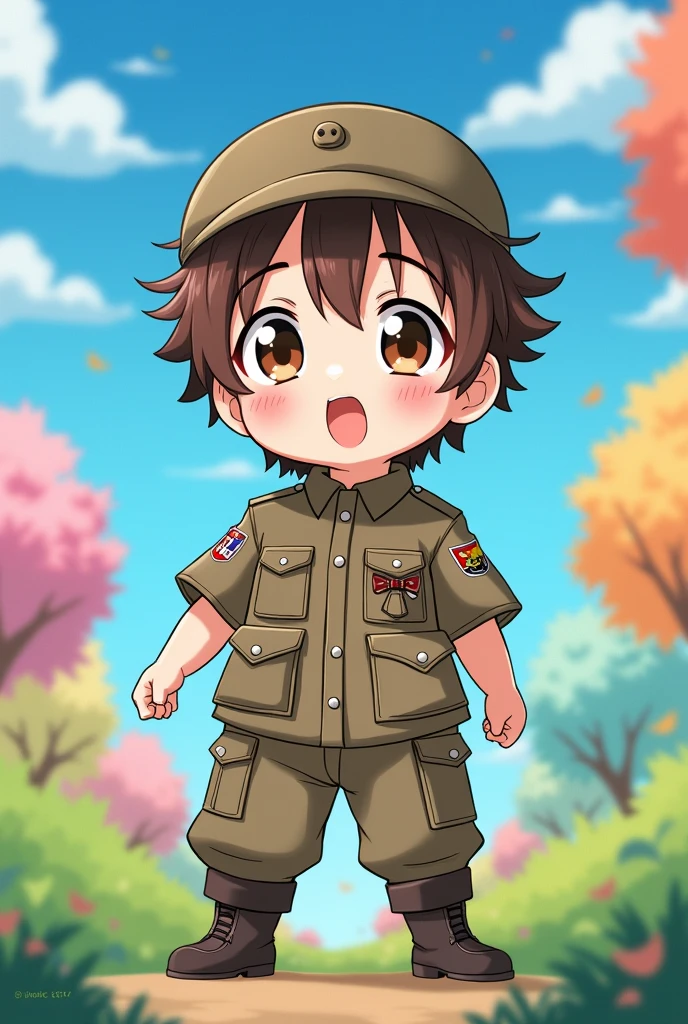 Brown combat uniform Child cute anime I don't wear a hat