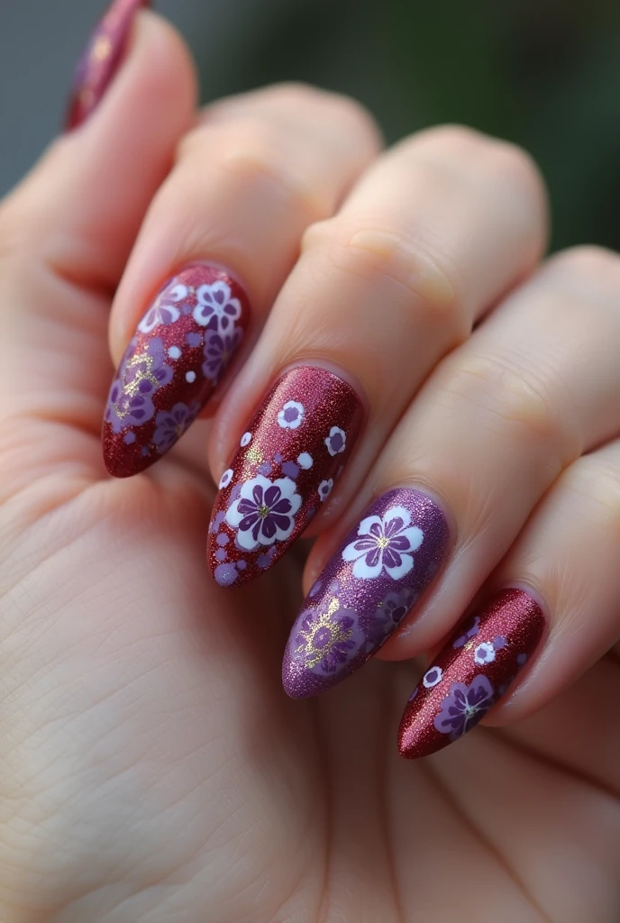 Create a Talavera style nail design in wine and lilac colors in an almond shape 
