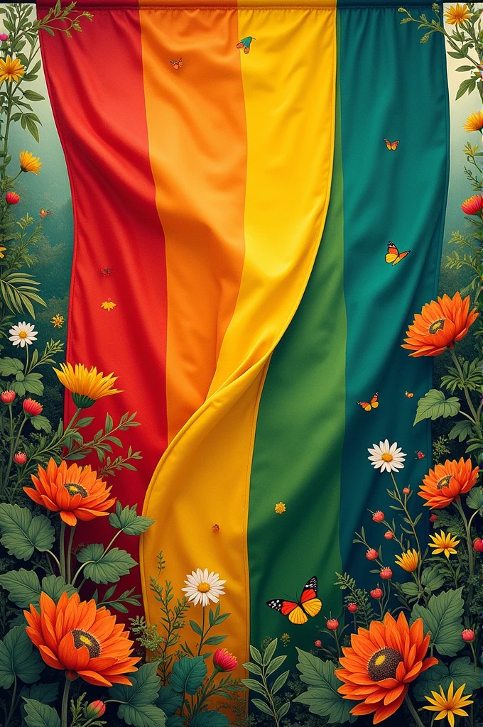 Create a flag in red, green, yellow colors and design a background divided into sections and incorporate symbols such as flowers and fauna. 