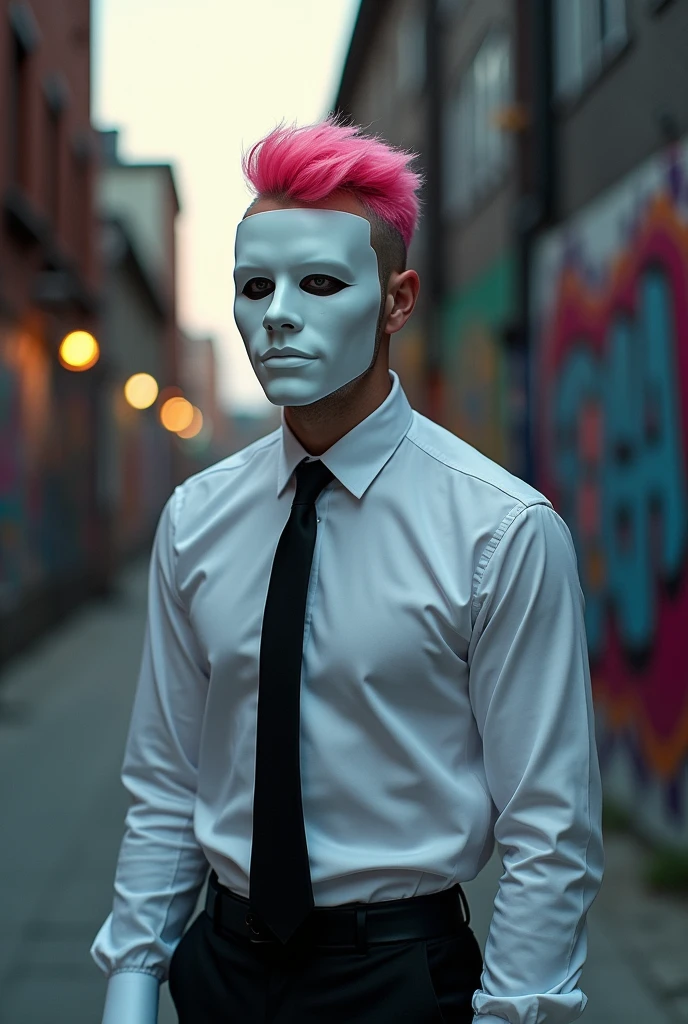 Create a realistic man with a white mask and pink hair with a quiff on the right and a shaved left side wearing a white blouse with a black tie 
