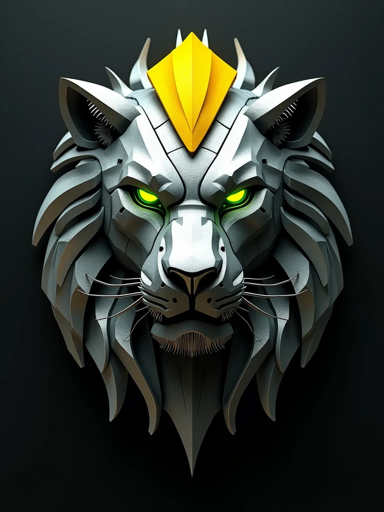 "A stylized, robotic lion head with a sleek and futuristic design. The head is composed of angular, metallic segments primarily in silver, with a prominent yellow section on the top that adds a striking contrast. The eyes are a vivid green, glowing with a fierce and intense expression that suggests both power and intelligence. The overall design is sleek and sharp, with intricate details such as finely etched lines and small, visible gears that emphasize its high-tech, mechanical nature. The lion's mane is represented by overlapping metallic plates, each reflecting light in a way that enhances the head's imposing presence. The background is a dark, matte finish to further accentuate the metallic sheen and vibrant colors of the robotic lion head."