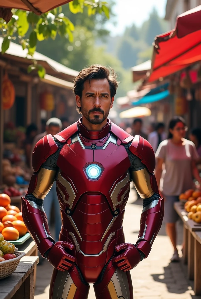 Iron Man without a mask, standing, looking closely at the bottom of the market called "MERCADO SETONO BETHEK"