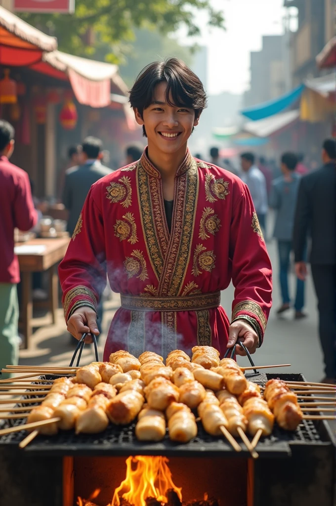 BTS band memeber Jungkook wearing an Afghani dress making white meat at a roadside restaurant in Peshawar 