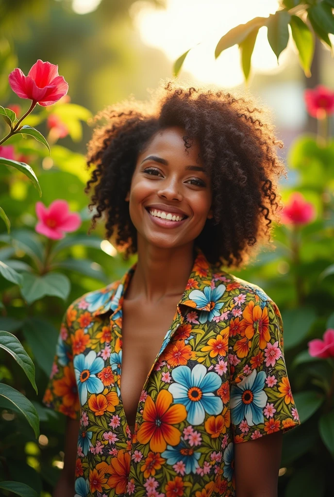 A Brazilian woman in a lush tropical garden, wearing an open shirt with a floral print, with a close-up capturing the harmonious beauty between her breasts and the natural flowers, showing off your natural charm and outgoing personality.