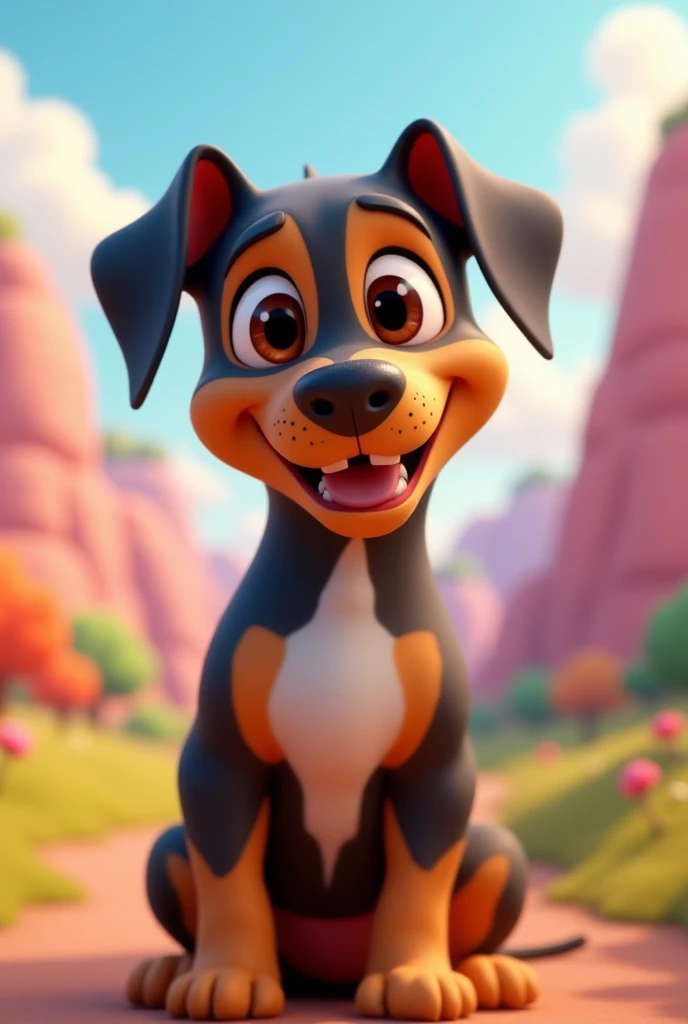 Cartoon dog character, of the pitbull breed, long muzzle, middle ears, black and caramel tabby, average size, white chest spot animation character, stylized character, animation style rendering, 3d stylized, Arnold Maya rendering, Stylized 3D rendering, toon render screenshot, 3d character, 3d character, Stylized 3D rendering, 3D character rendering, cartoon character, Personagem de close up, character posing, (Pixar-style) (master part:1.2) (bokeh) (best qualityer) (skin detailed) (detailed texture) (8k) (Argilla) (cinematic lighting) (sharp focus