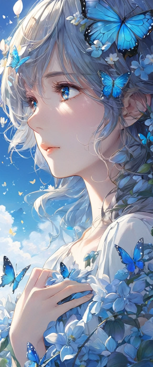 Dryad, Wood Hair, butterfly、petal、Sad look、Gazing at the sky、All-over blue illustrations