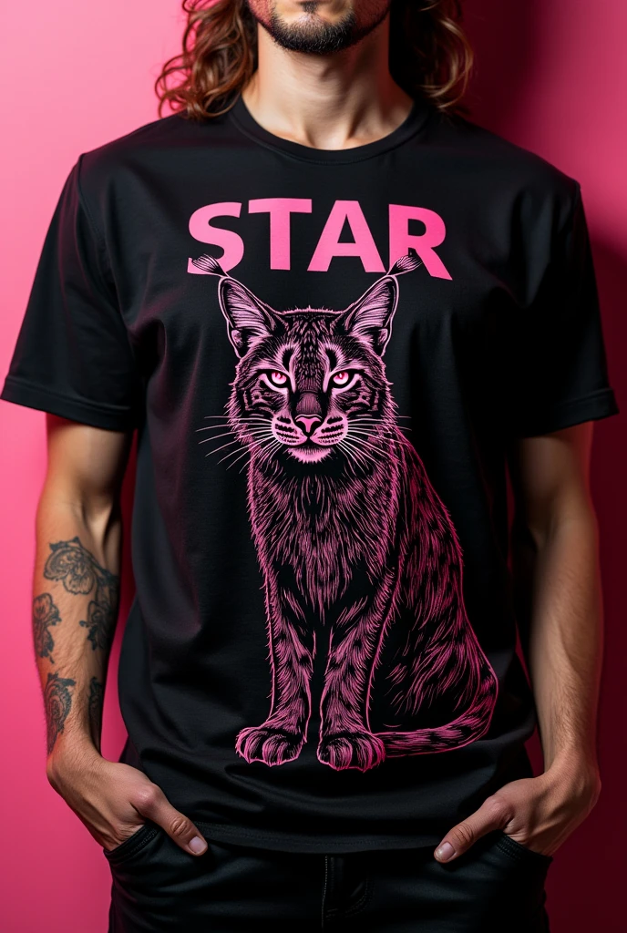A black and pink t-shirt with the word Star and a lynx figure made with lines 