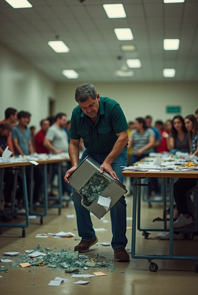 Normal civil man Destroying an electronic voting machine inside voting room

Make de voting machine being destroyed very clear