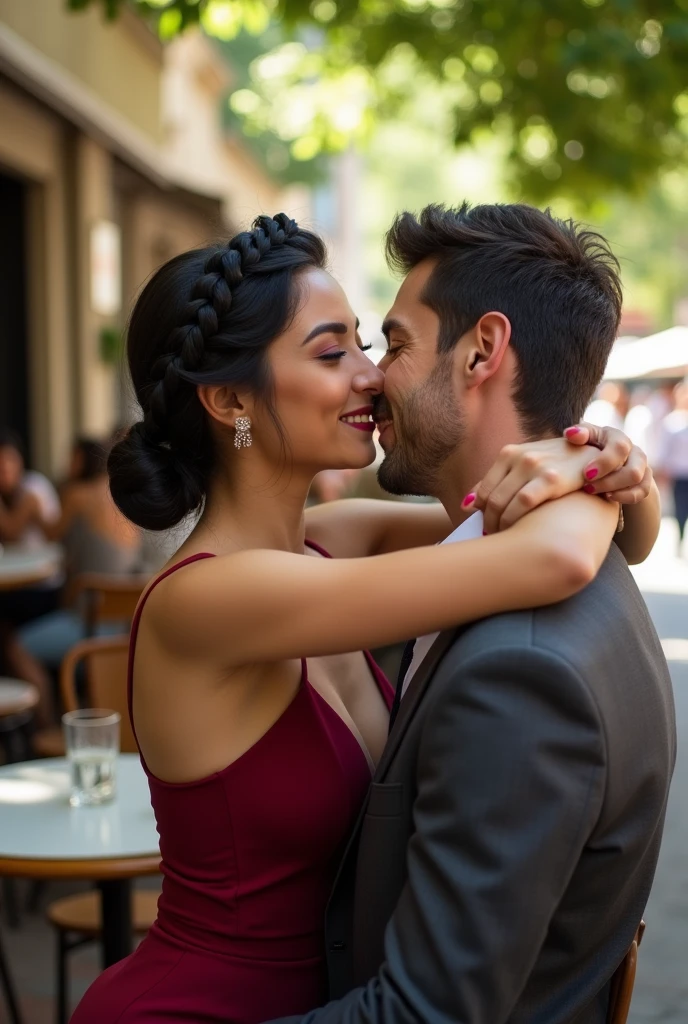 A woman black hair thats a braided wreath, a short bordeaux red dress with small carriers, outside a caffee. Realistic but not too realistic
Next to her a man with black hair kissing her. Her arms around his neck his hand on her hip
He has no beard. Her dress is narrow