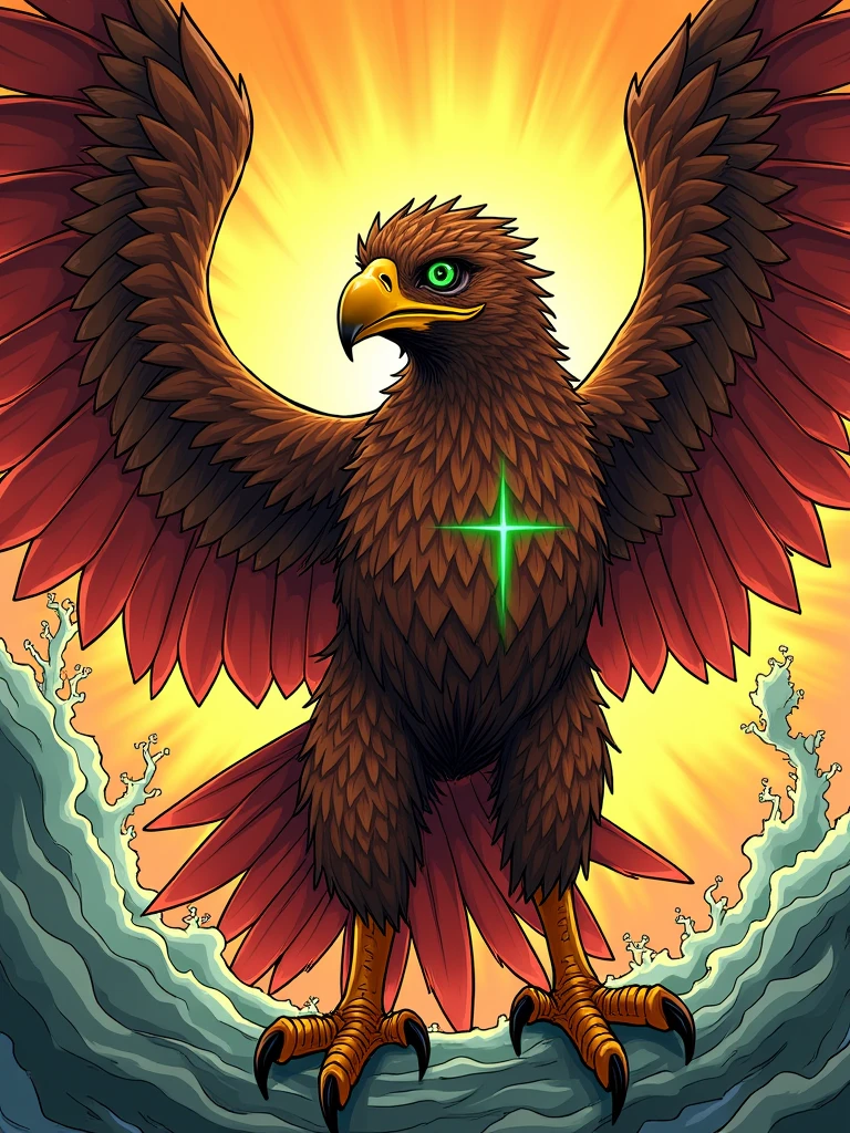 Stylized, digital illustration of a hawk-like creature with vibrant, detailed features. The creature has large, angular wings with a mix of brown, yellow, and red hues, creating a gradient effect. The wings are adorned with sharp, lightning bolt-like patterns in yellow. The bird's body is predominantly brown with a textured, feathered appearance. Its head features a striking green, star-shaped marking around the eyes, which are sharp and intense. The beak is pointed and yellow, while the talons are red with yellow highlights, giving a fierce and dynamic look. The overall design is bold and energetic, with a comic book or fantasy art style