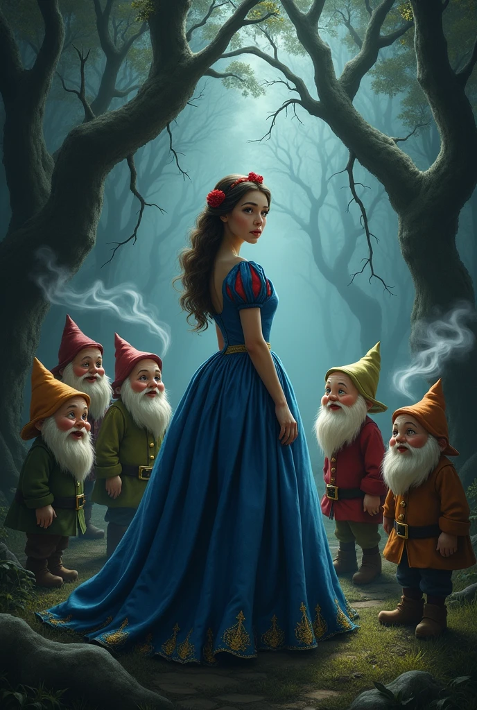 Snow White and the Seven Dwarfs, realisitic, dark forest with smoke coming out 