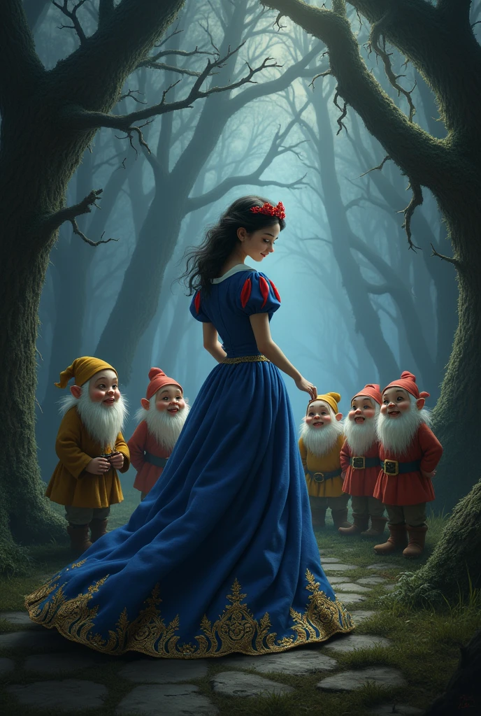 Snow White and the Seven Dwarfs, realisitic, dark forest with smoke coming out
