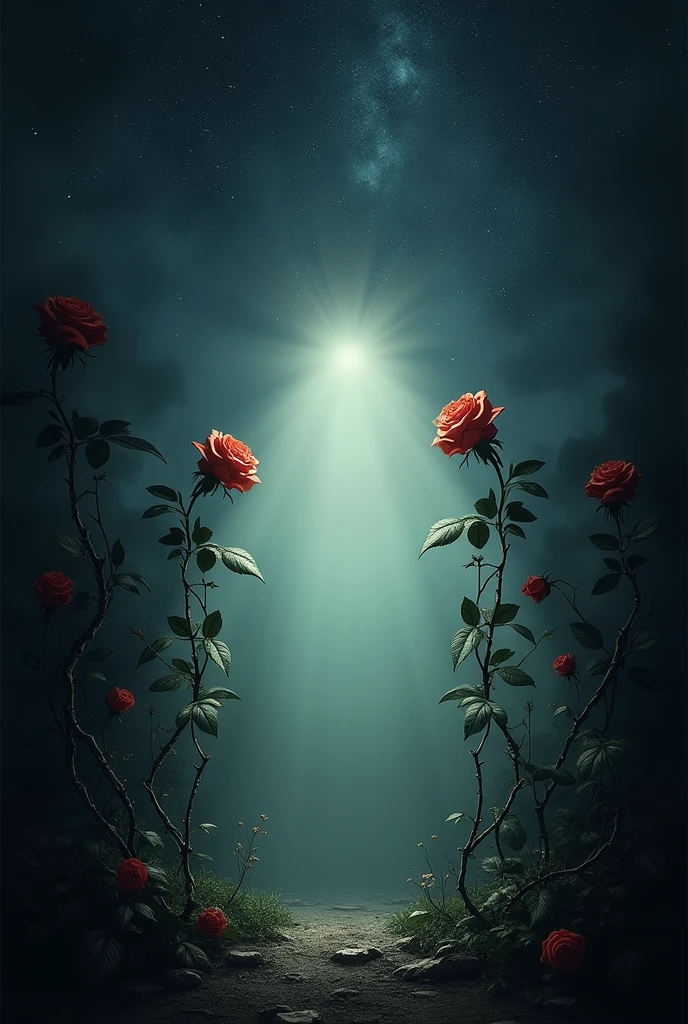 An image that is dark around, and in the center it becomes clearer like a light at the end of the tunnel, Below, many rose bushes with terrible thorns that climb up the image and sprout a few sad roses on the sides of the middle of the image., besides having a starry sky at the top, in the center there must be a smooth part so that a poem can be added