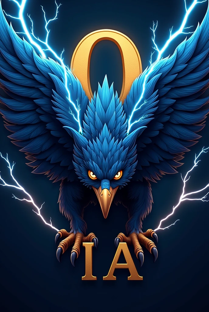 Navy blue griffin with an angry face and lightning bolts around it and a gold 9 A behind it 