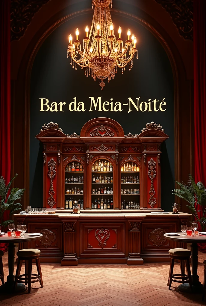 Inside the large theater stage A large 18th century rustic bar with antique red and black details. The logo is a heart broken in half with infinity, the counter located in the middle, an antique sideboard from the 18th century and the name "midnight bar" in brazilian portuguese. two tables, left and right. An imperial chandelier in the center.