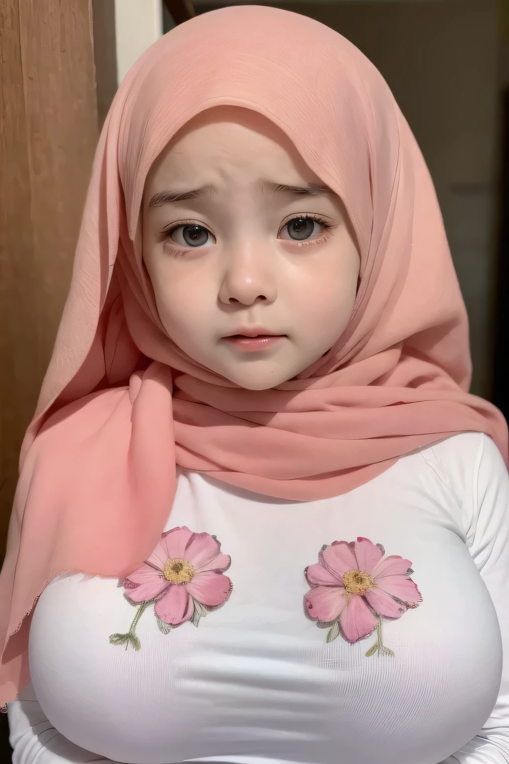 ((Milk breasts)), Any Hijab Stylish, adorable, 1 girl, (face to face), , ((baby face)), (cry sad face expression), half body portrait, (face details: 1), (eye details: 1), ((huge breasts)). wearing transparent transparency soft soft, hijab .. Cute posed. proportional body. Ultra High Res. realistic: 1.4, UHD, (floral pattern),