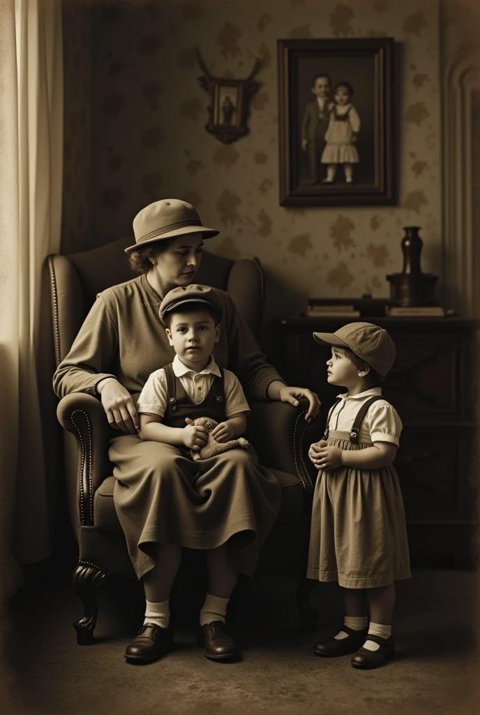 A sad mother with her 2 sons and 1 daughter in the 1920s