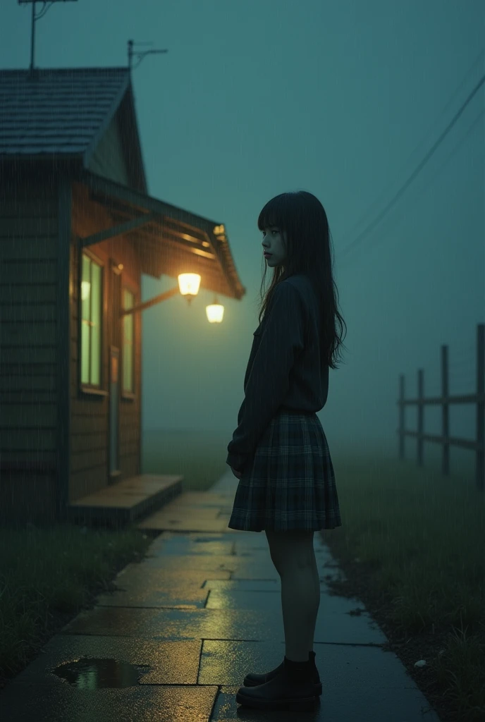 (masterpiece:1.2),best quality,high quality,(realistic),(absurdres:1.2),UHD,ultrarealistic, (rainy night, dark, dark photo, grainy, dimly lit:1.3),a girl standing alone in front of an old,shabby,unlit transit station in a deserted countryside on a dark night, slender body,full body,(beautiful eyes, beautiful symmetrical face),long hair,bangs,plaid skirt,looking at viewer,fog, noise,film grain,depth of field,analog film style,vivid color,