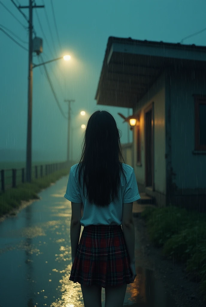 (masterpiece:1.2),best quality,high quality,(realistic),(absurdres:1.2),UHD,ultrarealistic, (rainy night, dark, dark photo, grainy, dimly lit:1.3),a girl standing alone in front of an old,shabby,unlit transit station in a deserted countryside on a dark night, slender body,full body,(beautiful eyes, beautiful symmetrical face),long hair,bangs,plaid skirt,looking at viewer,fog, noise,film grain,depth of field,analog film style,vivid color,