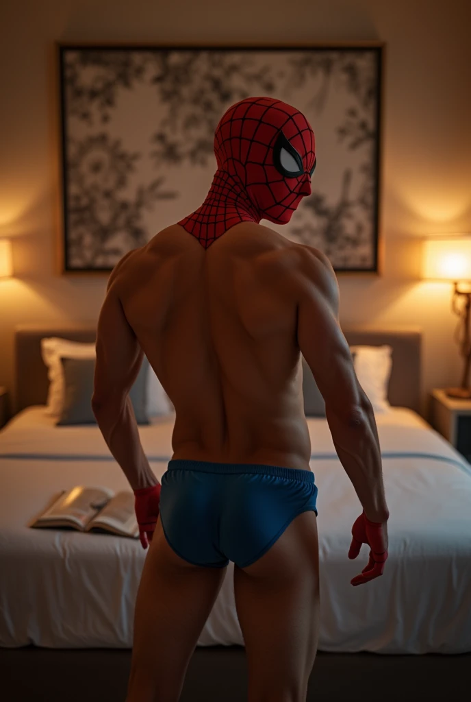 a sexy spiderman man, only with mask and boxers, that it looks sexy, in her room. showing the butt