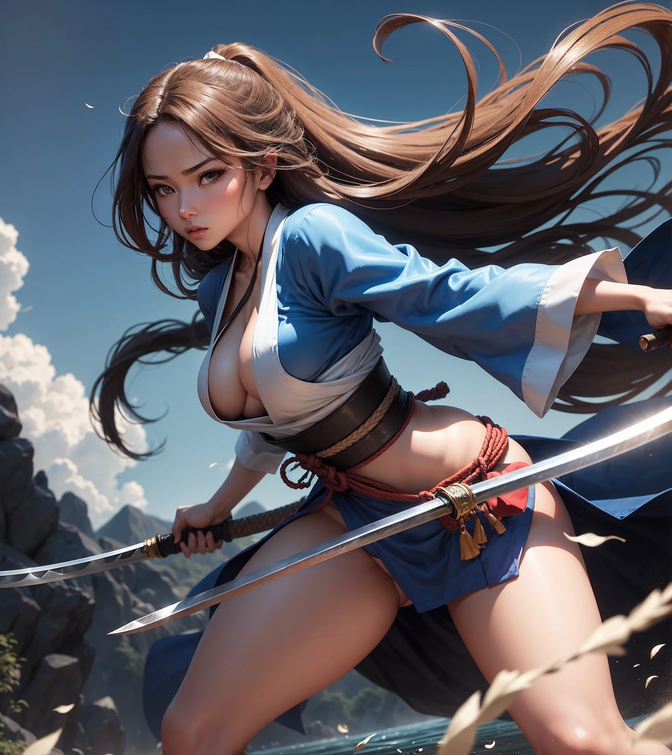 Kizi, in battle stance, standing backwards, a shiny katana (holding it by the handle), very long brown hair, blue colored eyes,  short blue kimono, big-ass, white loincloth (I&#39;m in the shape of a t) with ropes, white lace thigh high stockings, cinematic light, Trees, waterfall, Chinese shrine, blue sky, white clouds, seminua, breasts big, quase nua, great breasts
