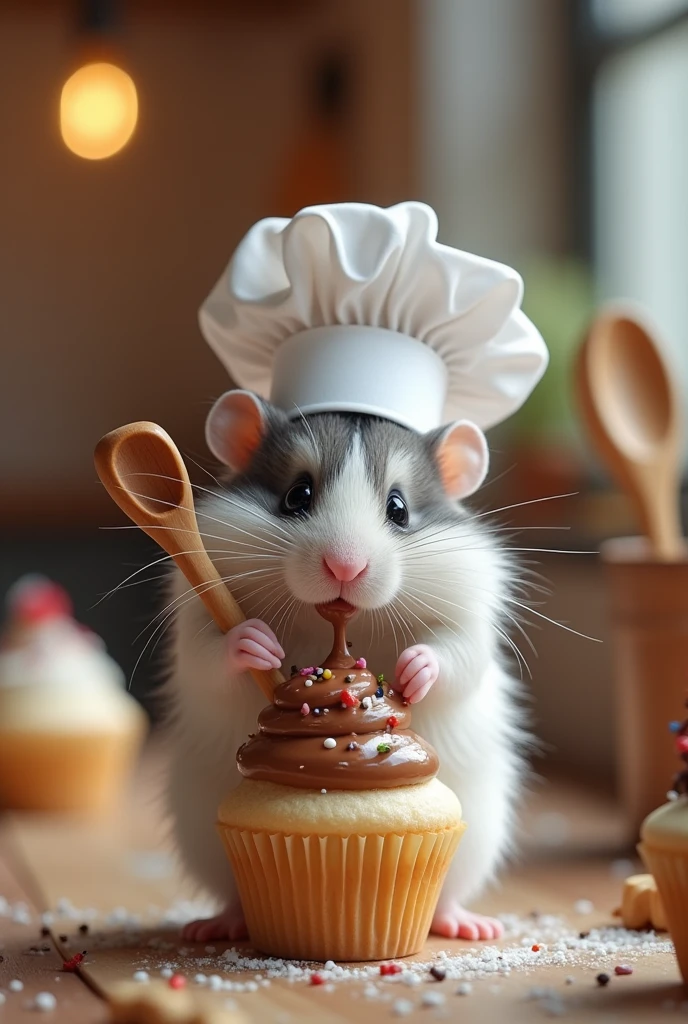 Create an image of a hamster with white and gray hair on end, wearing a chef's hat, holding a wooden spoon dipped in chocolate and a cupcake in the other hand.