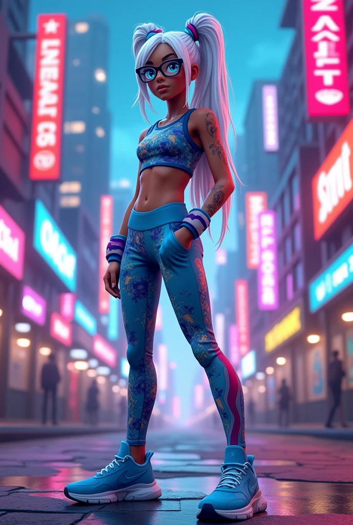 sexy fortnite style girl white hair bronze skin blue eyes wearing glasses leggings blue allstar shoes rear full body