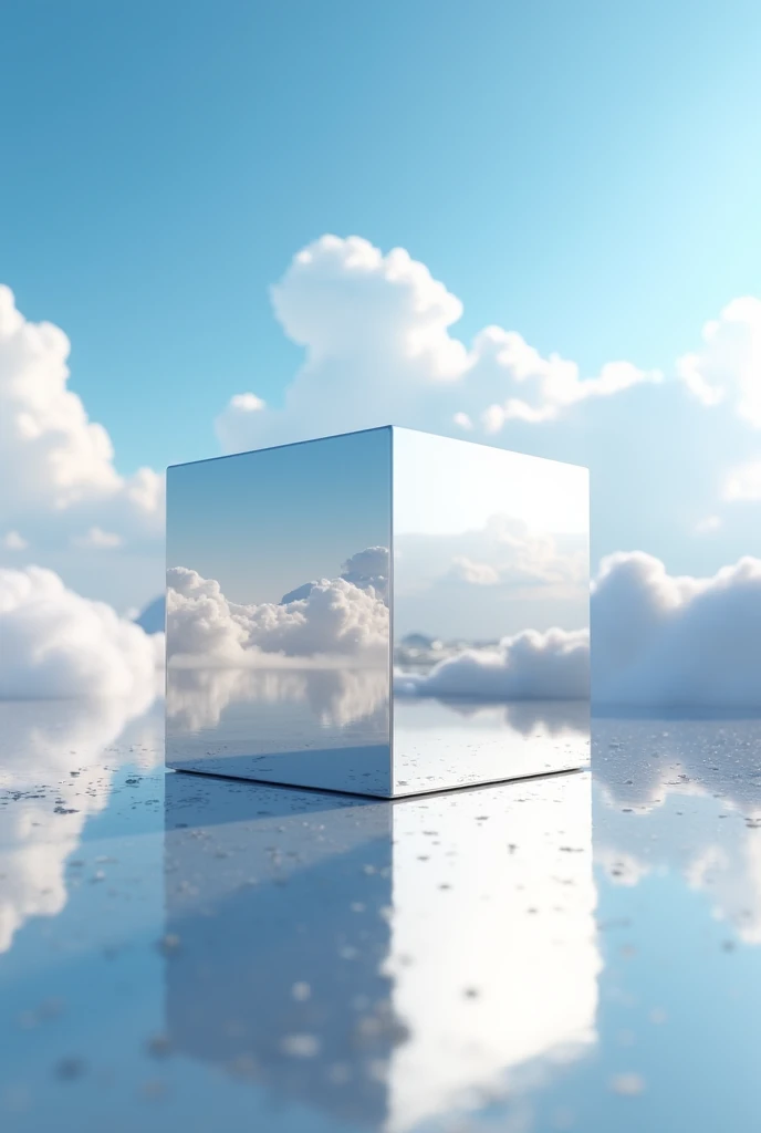 create a lying image with a cube in the center of the image and an environment behind the cube like the unreal engine with the blue sky and this cube with beautiful graphics, very pretty with soft lighting and a super beautiful reflection with rtx a metallic white cube
