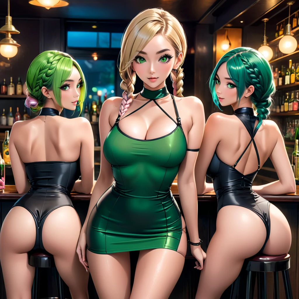 Three women at the bar, sitting on bar stools, view from behind. A dimly-lit, cozy bar, exuding an air of intimate decadence. A dimly-lit, cozy bar, exuding an air of intimate decadence. Naz a beautiful-looking young woman, green eyes, female, 30, blond shoulder-length asymmetrical hair, long legs, medium perky breasts, medium size round ass, slingshot swimsuit, tight black mini skirt, black high pumped heels. Vin a beautiful-looking girl, blue eyes, human, female, 25, vibrant green hair styled in middle-parted double braids, long legs, medium perky breasts, slim and sexy figure, slingshot swimsuit, tight black mini skirt, black high pumped heels. Jae a beautiful-looking asian woman, golden eyes, human, female, 25, pink pixie haircut, long legs, large perky breasts, slim and sexy figure, wearing slingshot swimsuit and micro skirt, high pumped heels. The three of them are engaged in a sultry conversation, their drinks casting an alluring glow on their faces. All women have beautiful new anal butt plugs inn their asses.