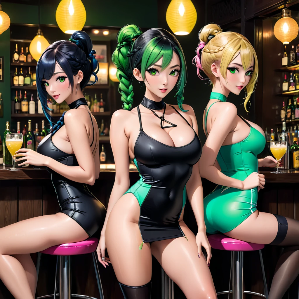 Three women at the bar, sitting on bar stools, view from behind. A dimly-lit, cozy bar, exuding an air of intimate decadence. A dimly-lit, cozy bar, exuding an air of intimate decadence. Naz a beautiful-looking young woman, green eyes, female, 30, blond shoulder-length asymmetrical hair, long legs, medium perky breasts, medium size round ass, slingshot swimsuit, tight black mini skirt, black high pumped heels. Vin a beautiful-looking girl, blue eyes, human, female, 25, vibrant green hair styled in middle-parted double braids, long legs, medium perky breasts, slim and sexy figure, slingshot swimsuit, tight black mini skirt, black high pumped heels. Jae a beautiful-looking asian woman, golden eyes, human, female, 25, pink pixie haircut, long legs, large perky breasts, slim and sexy figure, wearing slingshot swimsuit and micro skirt, high pumped heels. The three of them are engaged in a sultry conversation, their drinks casting an alluring glow on their faces. All women have beautiful new anal butt plugs inn their asses.