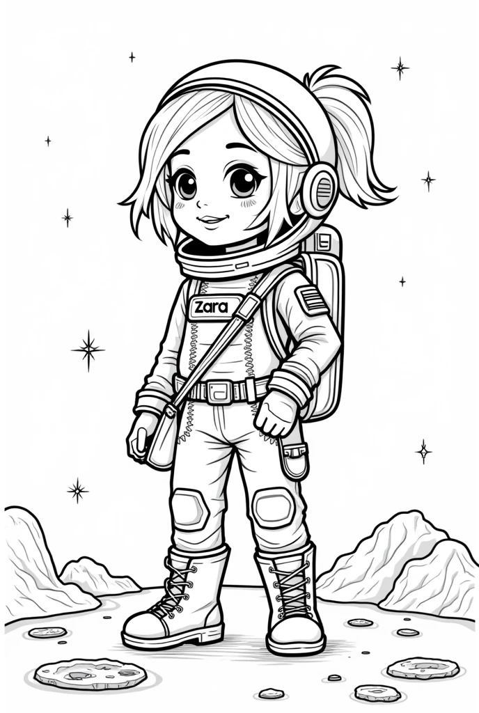 Create an illustration for a children's coloring book. Girl in a spacesuit and in an astronaut's jumpsuit with the inscription Zara. On his feet are high-soled moon boots. Crossbody Bag. Leave the clothes and background without color., so that children can color them to their liking. The background may contain elements of lunar craters., Stars. Make the image friendly