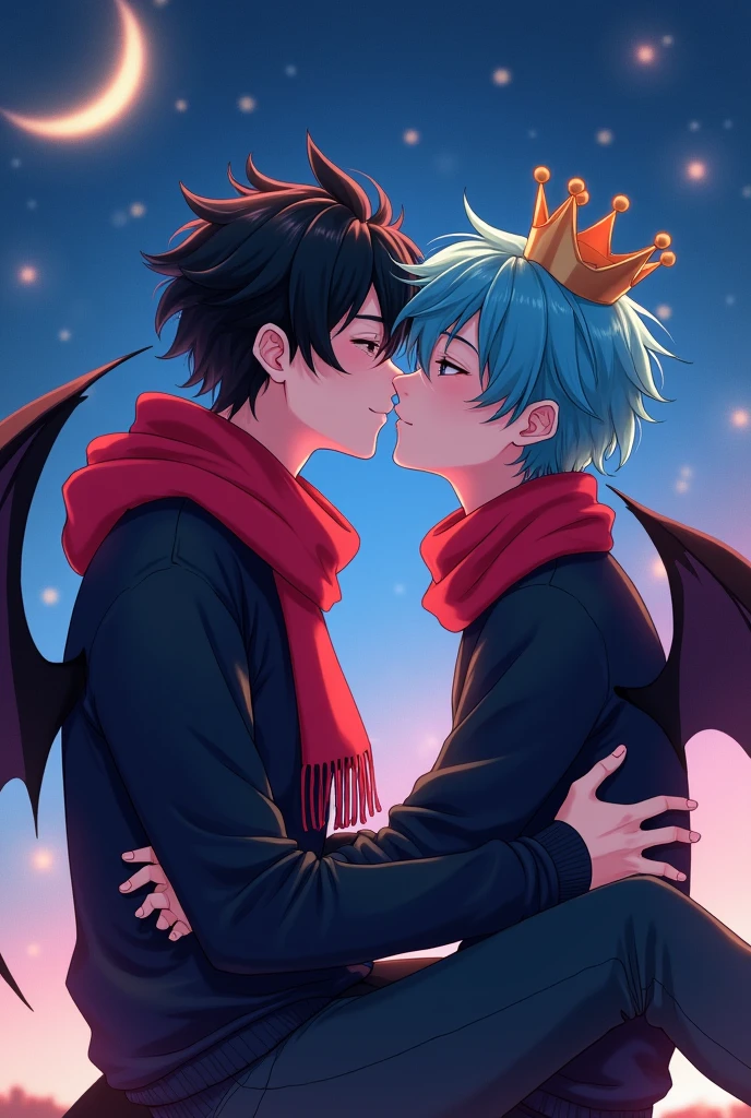 Create an anime image of two 19 year old boys,one is called Bat he wears a black sweatshirt,her hair is black with two bat wings,the other one is called Sdepy he wears a black sweatshirt with a red scarf,her hair is cyan and she wears a crown and is on her lap,the two are kissing, saliva coming out