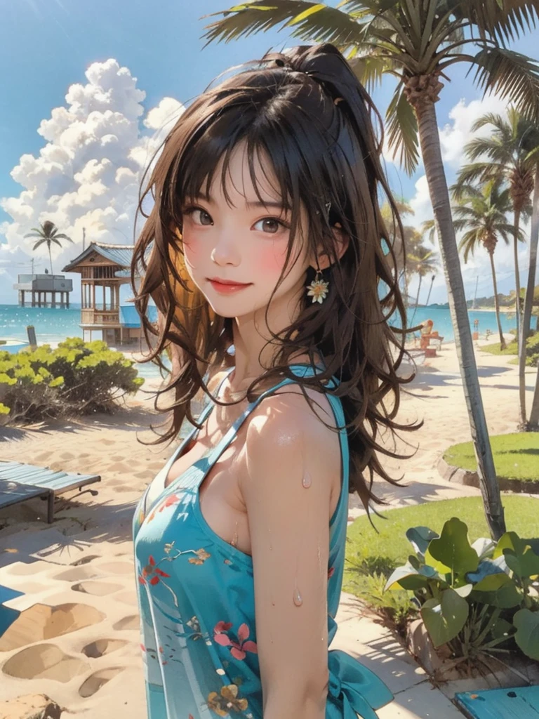 ((highest quality, masterpiece, High resolution)), ((reality)),Photos of beautiful Japanese women,((anime art))、 (((1 girl))), normal size breasts, slim body shape, long ponytail,double eyelid, Wet see-through bikini, A pareo with bold ethnic patterns and plenty of primary colors、(Brown skin:1.4),realistic skin、Wet,whole body,cinematic light、tropical、Against the background of palm trees on both sides、on a sunny beach、With the sea in the background、blur background、smile