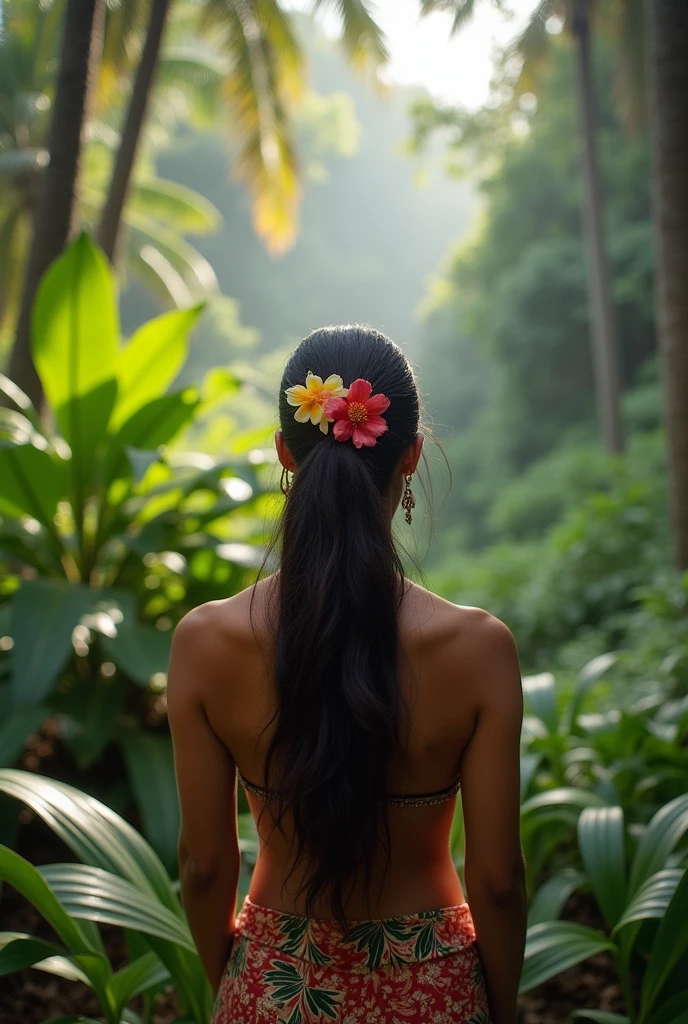 Polynesian woman seen from behind, long hair tied with a clip, against a jungle background