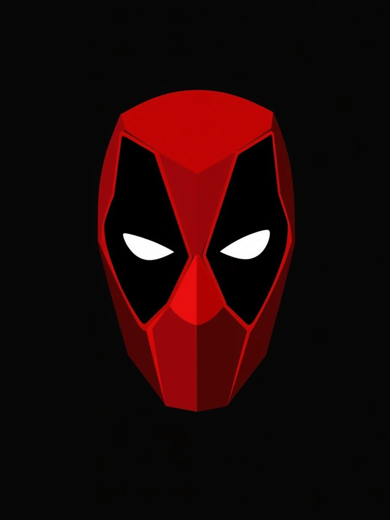 Stylized and minimalist design of the Deadpool logo. The layout is centered with a black background. The subject is a red mask with black eye patches and white eyes, forming the iconic Deadpool face. The mask is composed of bold, angular text spelling 'DEADPOOL' in a geometric, blocky font. The text is integrated into the mask design, with 'DEAD' forming the upper part and 'POOL' forming the lower part. The red color of the mask contrasts sharply with the black background, making the design stand out prominently.