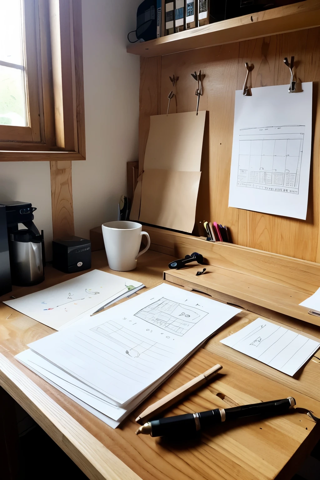 Create an image of a work desk in a design studio, full of creative tools and materials, but with a single object that catches the eye: an unfinished block of wood, next to a small metal carver. This block of wood, with some initial marks and cuts, represents an original idea in its raw form, still being carved and defined.

On the table, there are sheets of paper sketched with drawings and notes, some loose scribbles, as if they were thoughts that are still forming. Next to the block, a steaming mug of coffee, suggesting that o processo criativo é algo contínuo, fueled by perseverance and focus.

Natural light enters through a nearby window, illuminating the block of wood and highlighting the dust particles suspended in the air, capturing the moment of creation. No fundo, some traditional carpentry tools are hanging on the wall, suggesting that, although the idea is new, It is formed based on ancient techniques and knowledge.

This realistic image conveys the idea of originality as something that is shaped and refined over time., combining tradition with innovation to create something unique and personal.