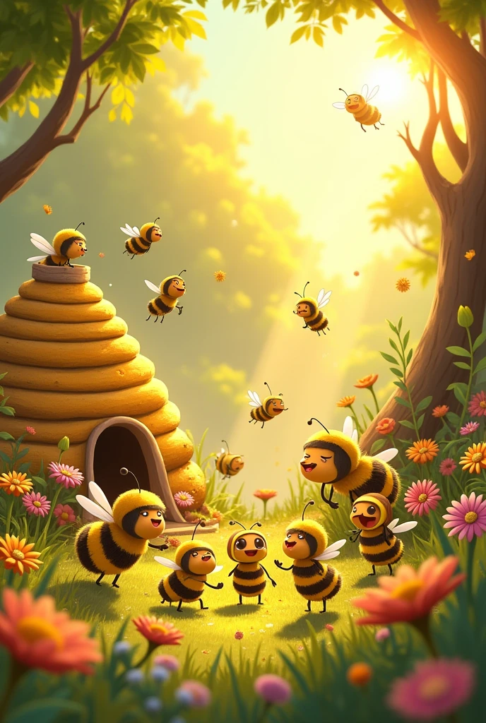 Cartoons for a story frame in the style of bees