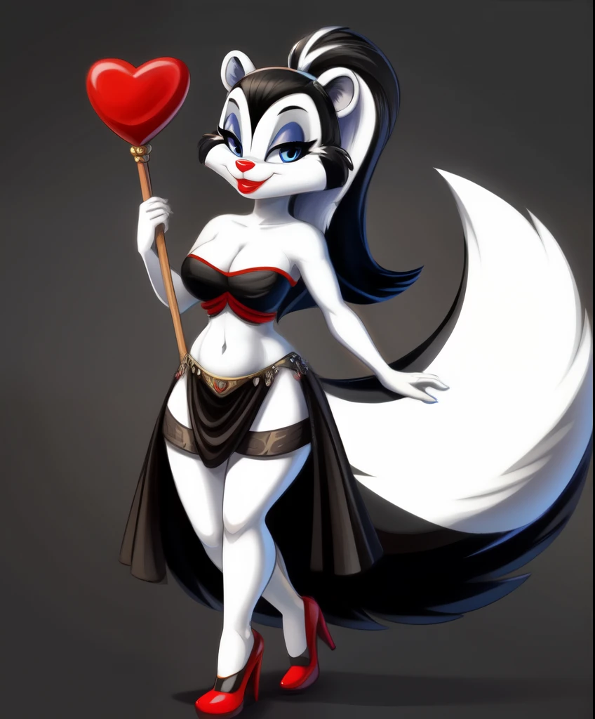 Female anthro skunk (black and white), ponytail hair, eye shadows, red lips, red heart shaped strapless belly dancer, ladies shoes, holding a feathers fan staff, tiny toons style