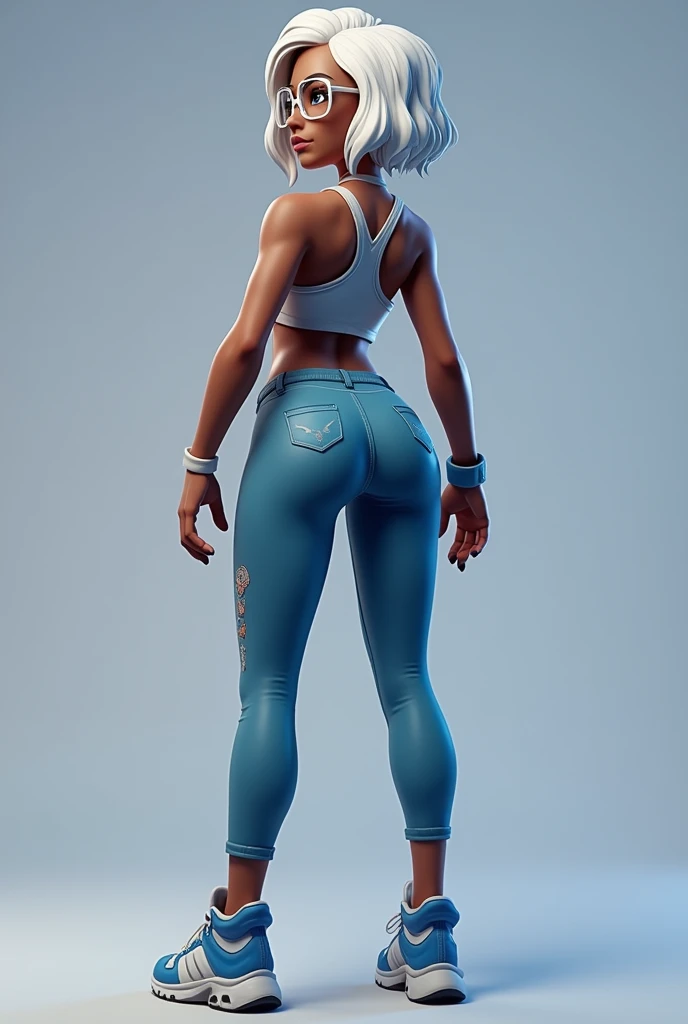 sexy fortnite style girl white hair bronze skin blue eyes wearing glasses leggings blue allstar shoes rear full body