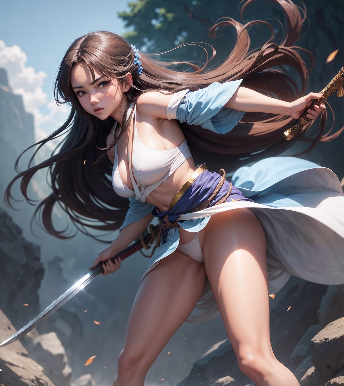 Kizi, in battle stance, standing backwards, a shiny katana (holding it by the handle), very long brown hair, blue colored eyes, short blue kimono, big-ass, white loincloth (I&#39;m in the shape of a t) with ropes, white lace thigh high stockings, cinematic light, Trees, waterfall, Chinese shrine, blue sky, white clouds, seminua, breasts big, quase nua, great breasts 