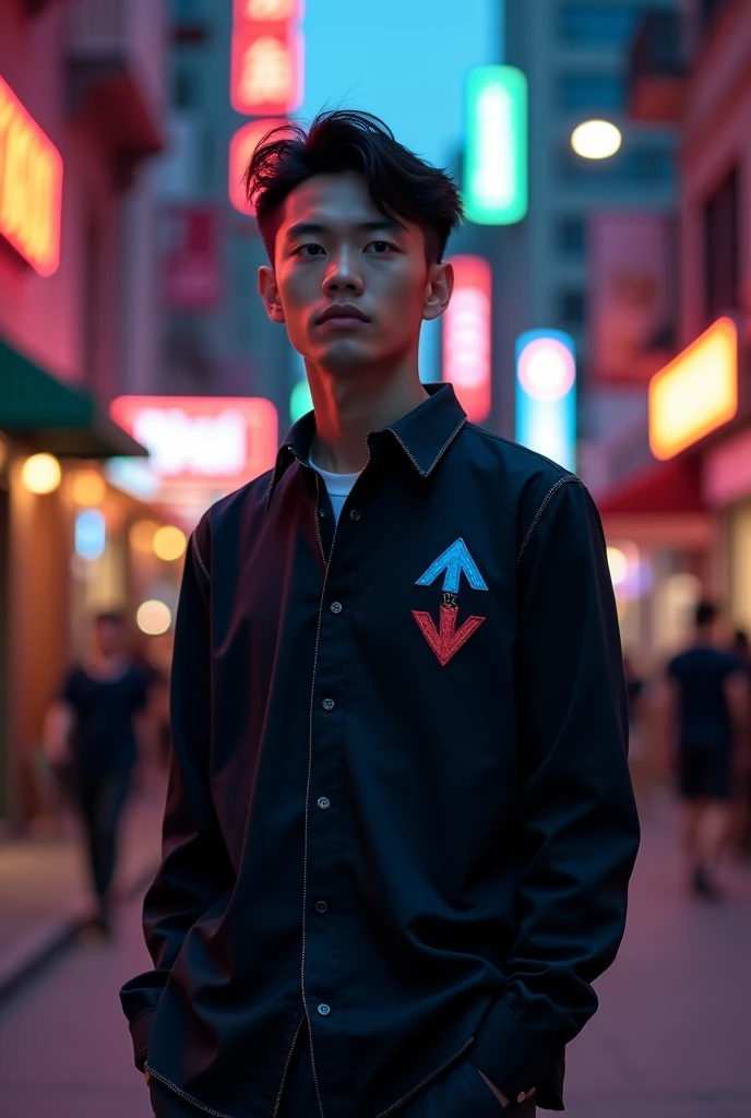 A black shirt, with a small blue arrow pointing up in the upper right corner and on the side a red arrow pointing down