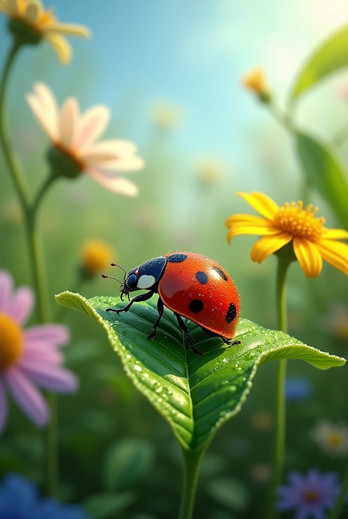 ladybug with rainbow iris and nature hope