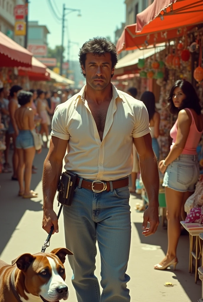 a dog, five toes, shorth hair, brawny, barba,no shirt, wearing no shirt, peito brawny peludo, golden chain, necklase, open jeans, lamp post,(master part, best qualityer, highres, ultra detaild ),Tokyo \(citys\), natta, (driving a motorcycle on the street ) , Looking at Viewer, from front view, dynamic pose, tearing the shirt, INFORMATION similar to Henry Cavill