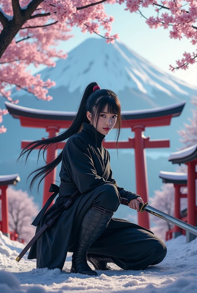 A female ninja with long black hair and a ponytail wearing a tight black ninja outfit, holding a Japanese sword in both hands, crouching on a torii gate surrounded by cherry trees and snow. Behind her is Mt. Fuji.