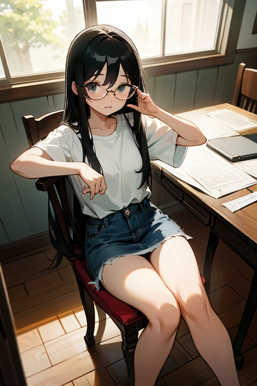 I pointed to the manuscript paper on the desk.、I am writing a novel on manuscript paper with a fountain pen.、Sitting in a chair、She has long black hair and wears glasses、She's wearing a white t-shirt and a denim mini-skirt