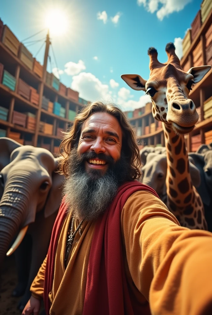 Noah taking a selfie on the ark with the animals